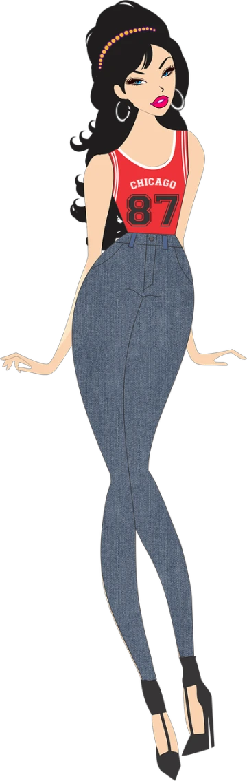 a woman in a red top and blue jeans, concept art, inspired by Tex Avery, pixabay, art nouveau, emma watson as sea mermaid, intertwined full body view, jeans pants, rotoscope