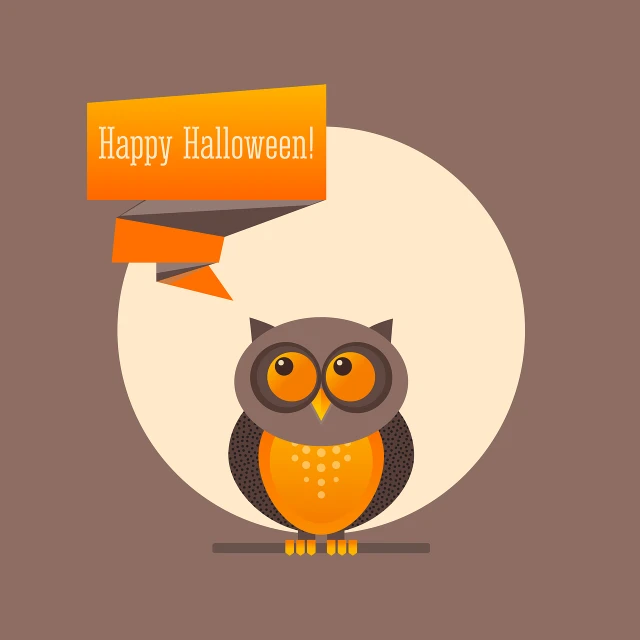 an owl with a sign that says happy halloween, vector art, simple 2d flat design, speech, sticker design vector