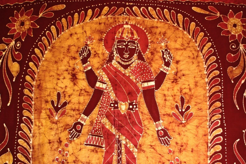 a close up of a painting on a wall, an ultrafine detailed painting, folk art, indian goddess of wealth, brown red and gold ”, batik, with arms up