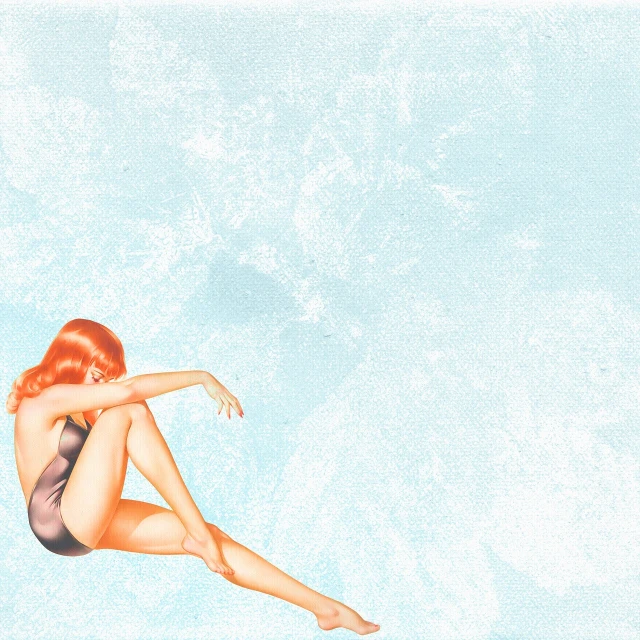 a painting of a woman sitting on a surfboard, an illustration of, inspired by Alberto Vargas, tumblr, arabesque, clear blue sky vintage style, a redheaded young woman, wallpaper design, blurred and dreamy illustration