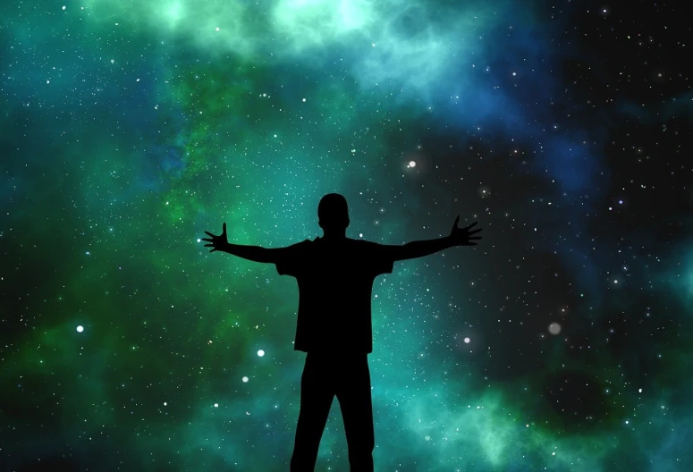 a man standing in front of a space filled with stars, a picture, indistinct man with his hand up, fractal human silhouette, without text, pose(arms up + happy)