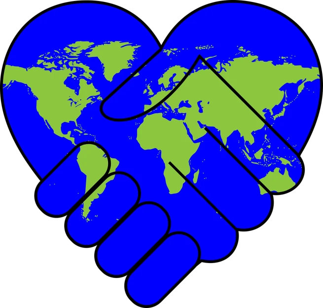 a blue heart with a map of the world in it, a photo, flickr, shaking hands, proportionally enormous arms, merged machima, a green