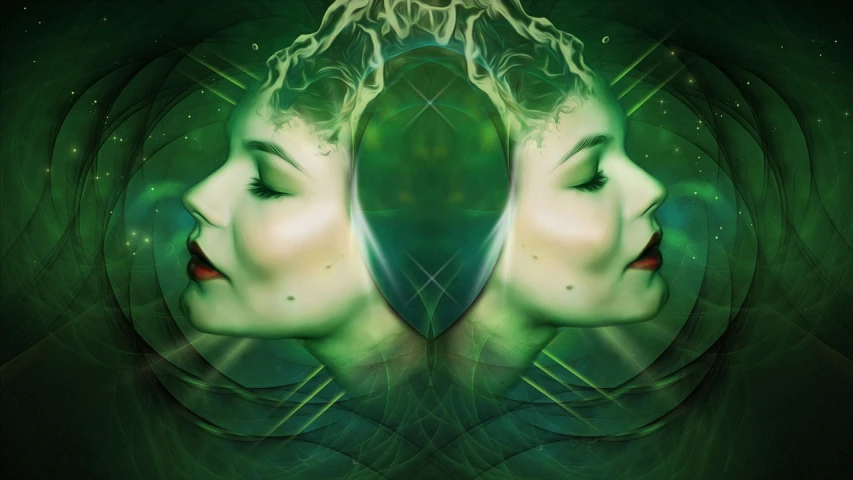 a couple of women standing next to each other, inspired by Amanda Sage, digital art, green face, infinite reflections, apophysis, profile portrait