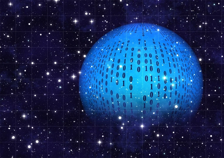 a blue sphere in the middle of a space filled with stars, digital art, matrix code, in front of the internet, digitally enhanced, satellite