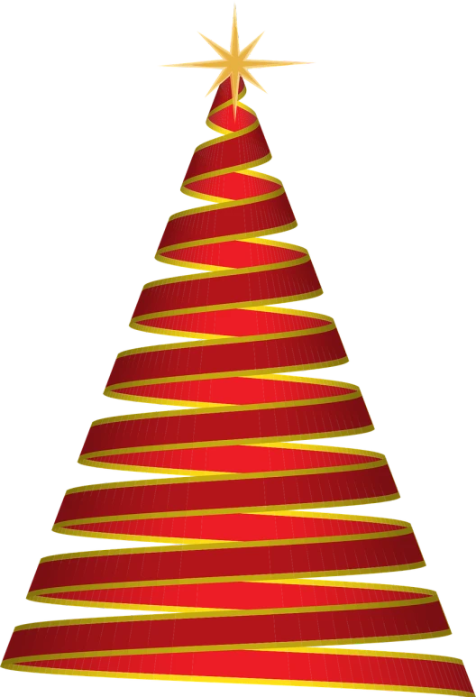 a red christmas tree with a star on top, a raytraced image, inspired by Slava Raškaj, op art, golden ribbon, twisty, black and yellow and red scheme, cone shaped