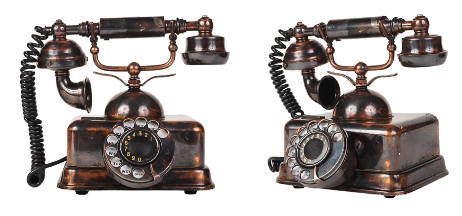 a pair of antique telephones sitting next to each other, by Rudolph Belarski, pixabay, art nouveau, cyber copper spiral decorations, front and back view, an ultra realistic, panzer