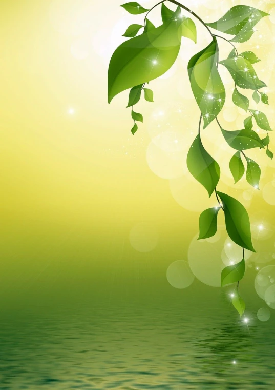 a bunch of green leaves hanging over a body of water, shutterstock, hd vector art, shiny background, soft yellow background, wallpaper - 1 0 2 4