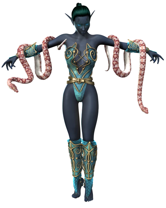 a woman with a snake around her arms, zbrush central contest winner, dark blue leotard costume, as an atlantean, anthropomorphic octopus, 3 d render of a full female body