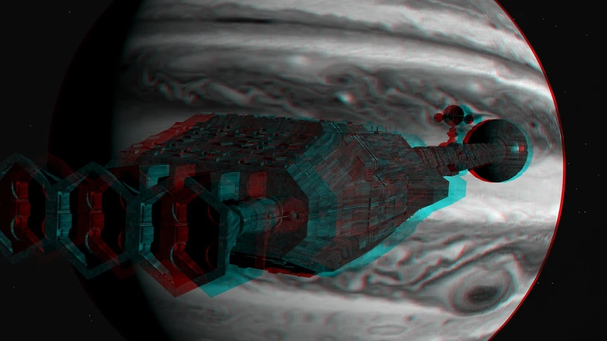 a 3d image of a space station in front of a planet, flickr, red and cyan ink, interior of a star destroyer, monochrome 3 d model, spaceship hull texture