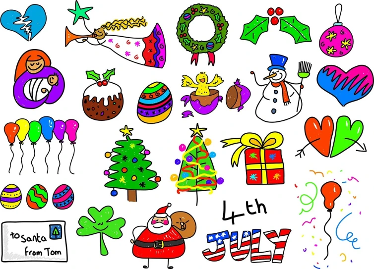 a bunch of christmas stickers on a white background, a child's drawing, by Bertram Brooker, pixabay, naive art, fourth of july, digitally draw on wacom tablet, 4k detail, color comic