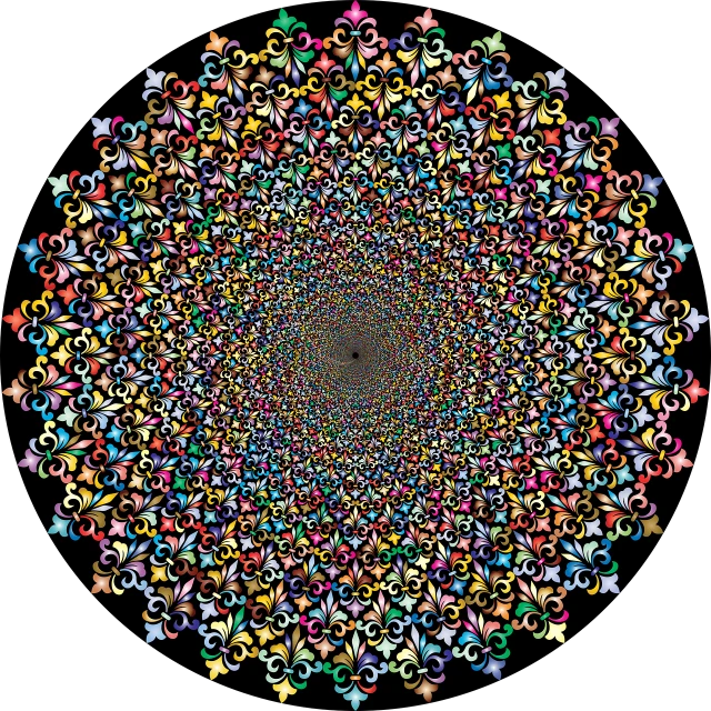 a multicolored circular design on a black background, vector art, inspired by Benoit B. Mandelbrot, flickr, harmony of butterfly, intricate venetian patterns, ornate patterned people, stereogram