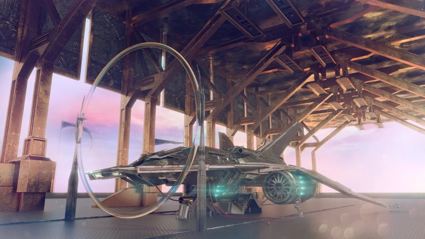 a futuristic spaceship sitting inside of a building, concept art, retrofuturism, airplane hanger background, hq 4k phone wallpaper, spaceship being repaired, futuristic in the desert