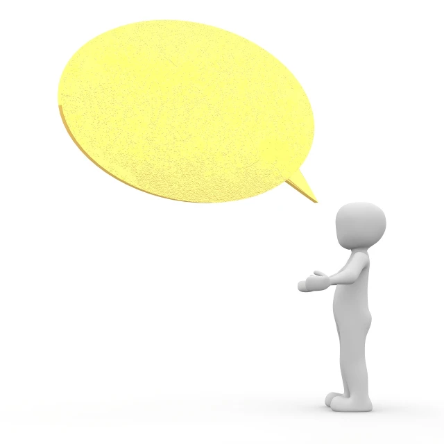 a person standing in front of a yellow speech bubble, a picture, 3d cg, facing right, talking, foam