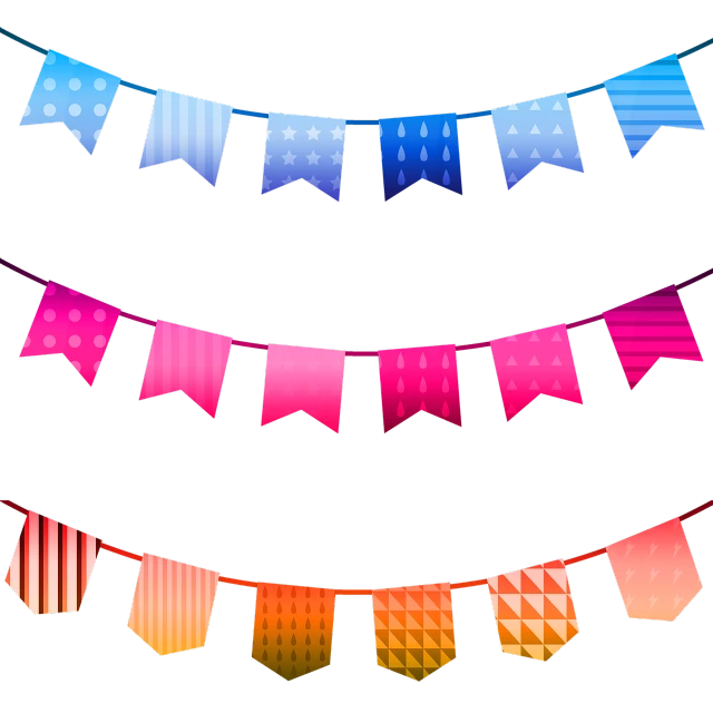 a row of colorful bunting flags against a black background, a digital rendering, sōsaku hanga, trio, blue black pink, exciting illustration, carbon