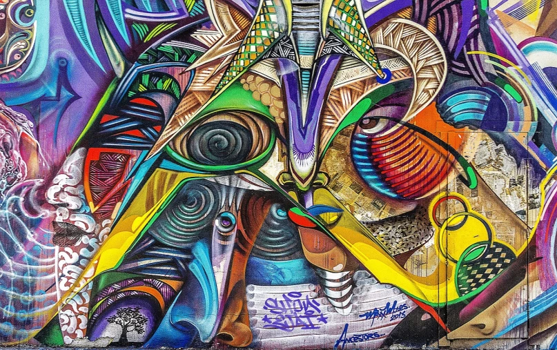 a colorful painting on the side of a building, graffiti art, inspired by Amadeo de Souza Cardoso, trending on pexels, street art, highly detailed visionary art, style of jeff soto, amazing detail digital art, dmt!!!!!!!!