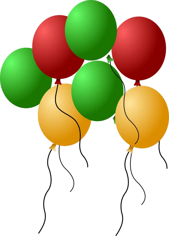 a bunch of balloons floating in the air, by Melissa A. Benson, black backround. inkscape, red green yellow color scheme, santa, 3/4 view from below