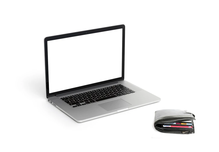 a laptop computer sitting next to a wallet, a computer rendering, shutterstock, reference sheet white background, product photo