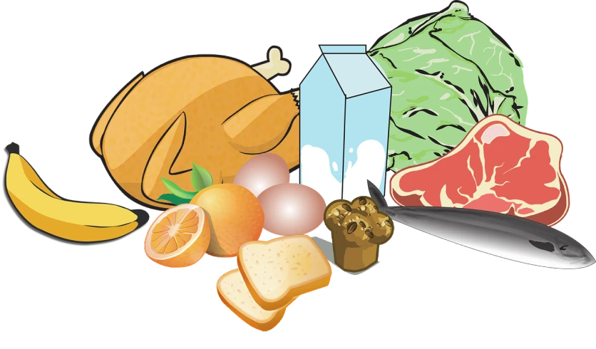 a bunch of food sitting on top of a table, an illustration of, by Matt Cavotta, pixabay, digital art, on a flat color black background, getting groceries, chicken, cut-away