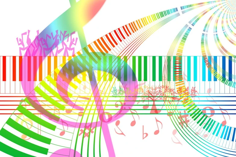 a close up of a piano keyboard with musical notes, a digital rendering, inspired by Yaacov Agam, trending on pixabay, colorful palette illustration, a beautiful artwork illustration, !!! very coherent!!! vector art, harp