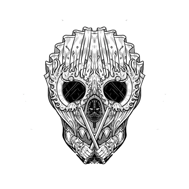 a black and white drawing of a skull, a detailed drawing, inspired by Adam Marczyński, pointy mask, dark cyberpunk illustration, west africa mask patterns style, high detail illustration