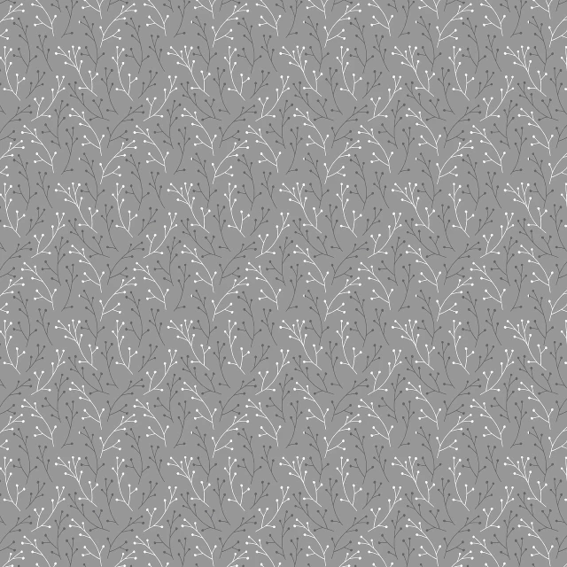 a gray and white floral pattern on a gray background, a digital rendering, inspired by Norah Neilson Gray, small and dense intricate vines, long grass, dots, cotton