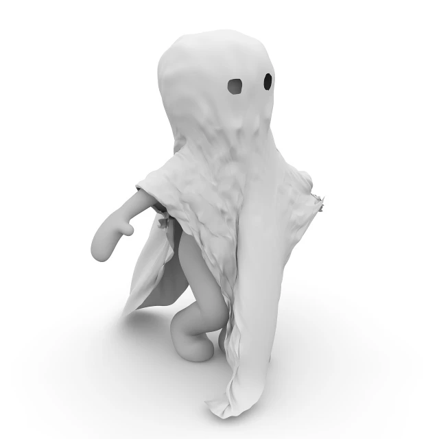 a close up of a person in a ghost costume, an ambient occlusion render, inspired by H.P. Lovecraft, conceptual art, cute cthulhu, 3d-render, sad wizard, cutest