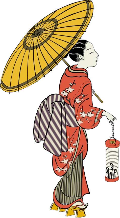 a woman in a kimono is holding an umbrella, vector art, pixabay, ukiyo-e, holding a lantern, istock, retro illustration, line vector art