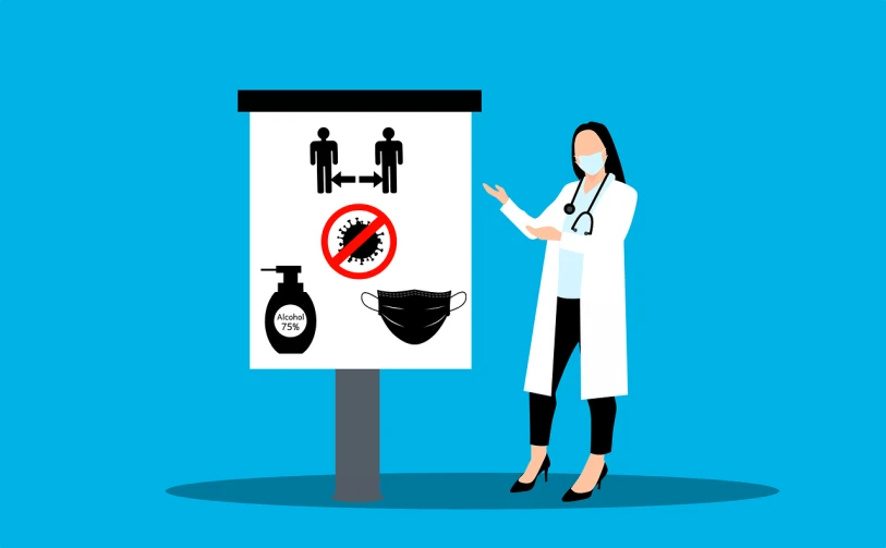 a woman in a lab coat standing next to a sign, an illustration of, shutterstock, masked person in corner, flat color, instruction, full body in shot