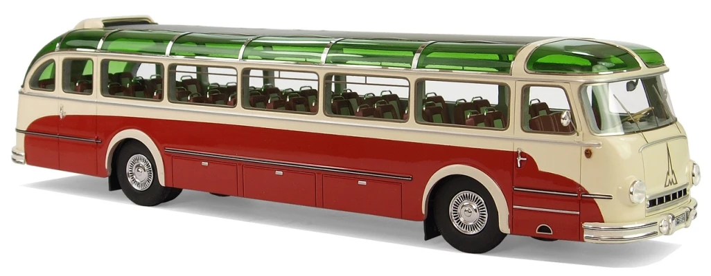 a red and white bus on a white surface, by Hans Schwarz, pixabay, fine art, replica model, streamline moderne, clear detailed view, mercedes