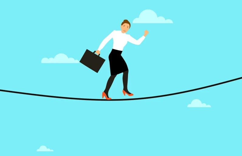 a woman walking on a tight rope with a briefcase, an illustration of, shutterstock, background image, sky bridges, worksafe. illustration