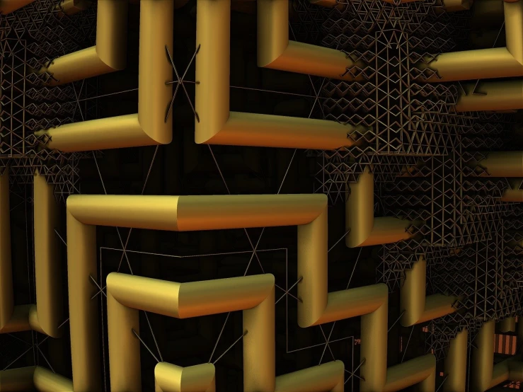 a close up of a wall with a clock on it, a digital rendering, by Jon Coffelt, generative art, with large golden pipes, cell bars, geometric tesseract, golden smooth material