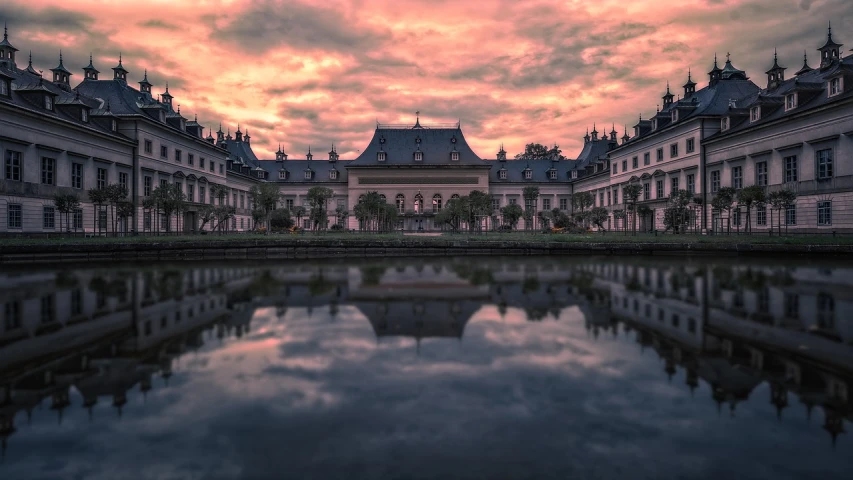 a large building sitting next to a body of water, by Adriaen Hanneman, pexels contest winner, baroque, pink clouds, detmold charles maurice, tang dynasty palace, marble!! (eos 5ds r