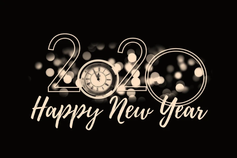 a black and white happy new year card with a clock, by Pamela Drew, trending on pixabay, happening, 2 0 2 0 fashion, he is about 20 years old | short, fireworks in background, 2 0 2 0 s promotional art