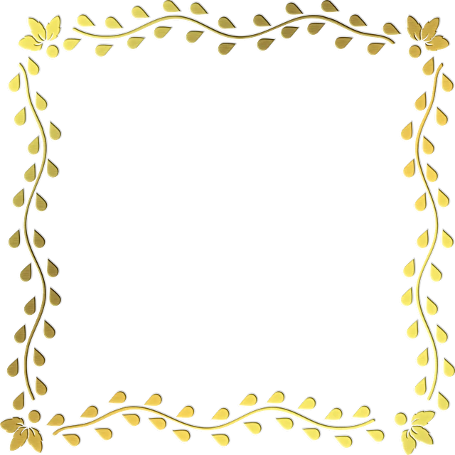 a gold leaf frame on a black background, a digital rendering, inspired by Masamitsu Ōta, flickr, flower frame, squared border, wrought iron, 8k!!