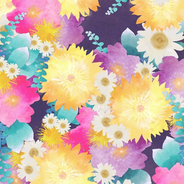 a bunch of colorful flowers on a purple background, inspired by Miwa Komatsu, high resolution!!, scrapbook paper collage, colorful]”, summer night