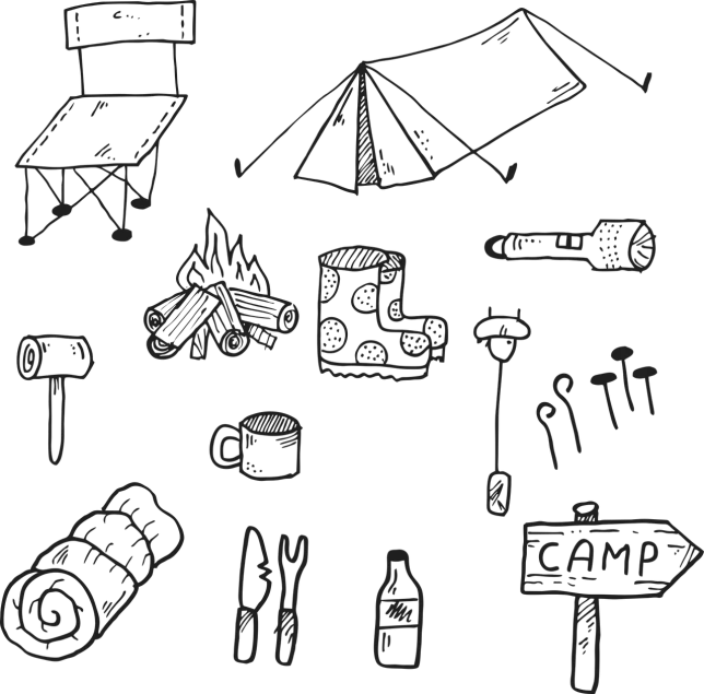 a black and white drawing of camping related items, by Aleksander Gierymski, trending on pixabay, graffiti, plain black background, tileset asset store, 2 0 5 6 x 2 0 5 6, chalk