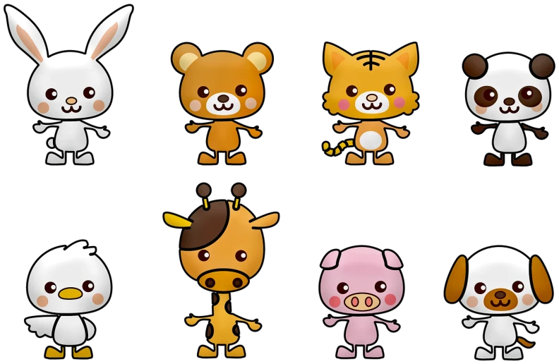 a group of cartoon animals standing next to each other, vector art, by Yi Jaegwan, deviantart, mingei, on black background, zodiac sign, case, children's