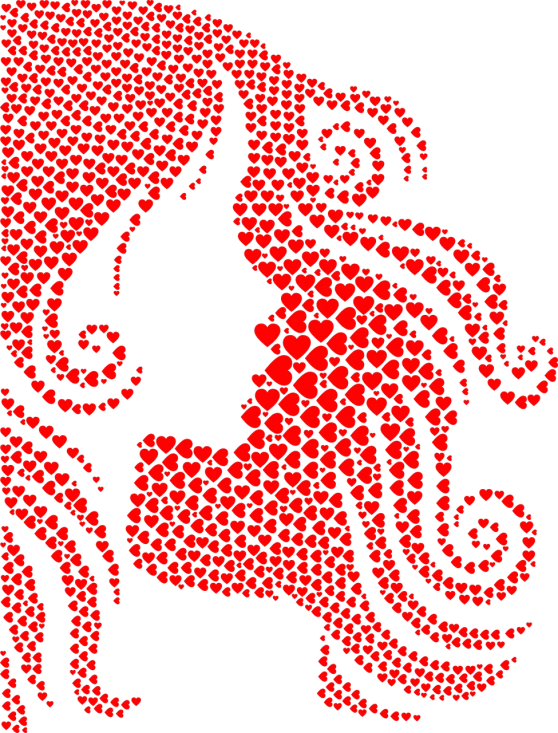 a woman with red hearts in her hair, vector art, inspired by Milton Glaser, pixabay, pointillism, red on black, ariel the little mermaid, bedazzled, crystallized human silhouette