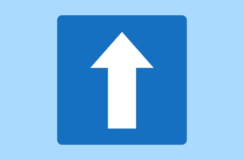 a blue sign with a white arrow pointing up, driver, single flat colour, created in adobe illustrator, return of the many to the one