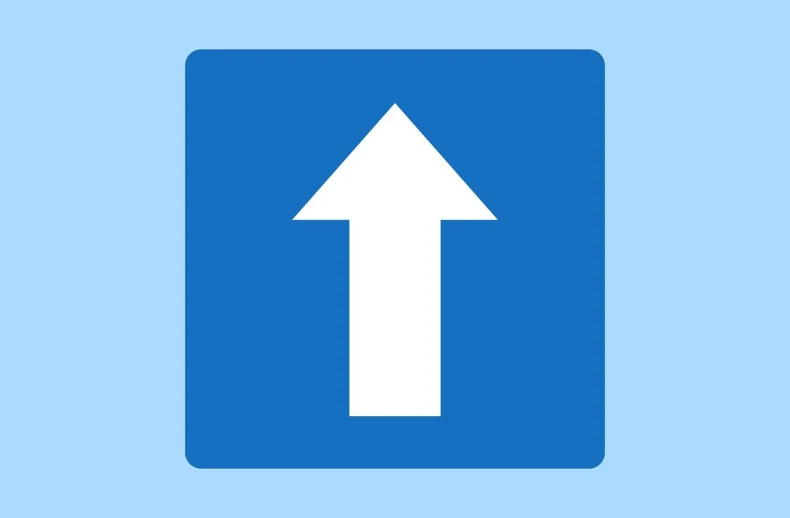a blue sign with a white arrow pointing up, driver, single flat colour, created in adobe illustrator, return of the many to the one