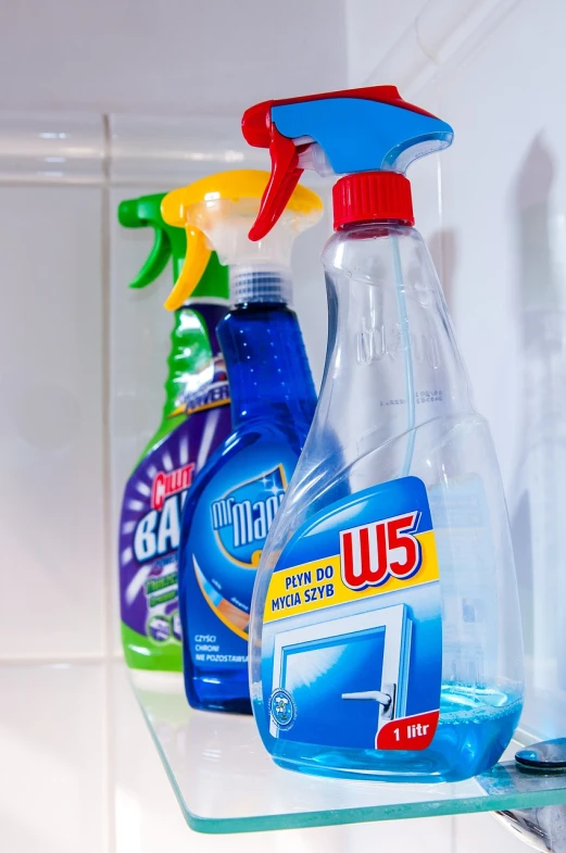 several cleaning products on a shelf in a bathroom, a picture, pixabay, plasticien, blue and white and red mist, ecommerce photograph, detailed product photo, i_5589.jpeg
