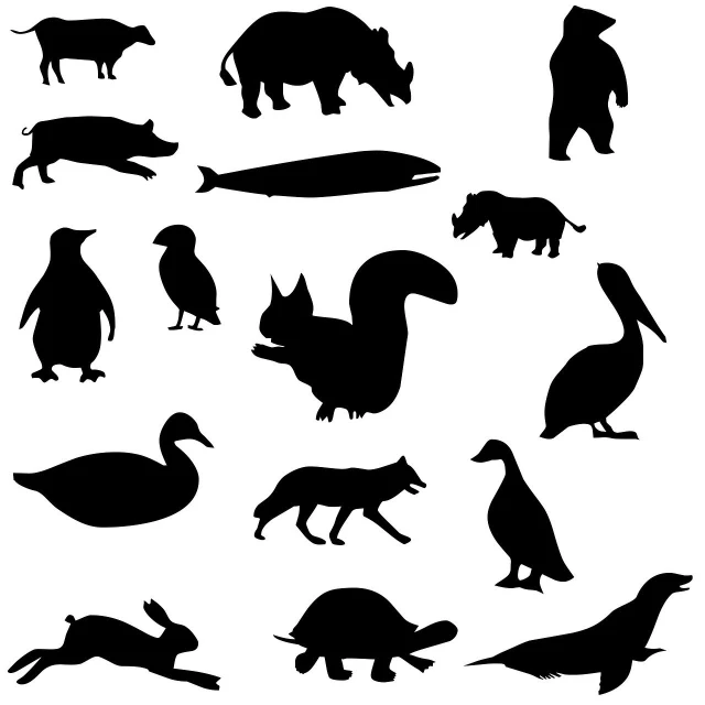 silhouettes of animals and birds on a white background, by Paul Bird, purism, platypus, high contrast illustration, polar, german