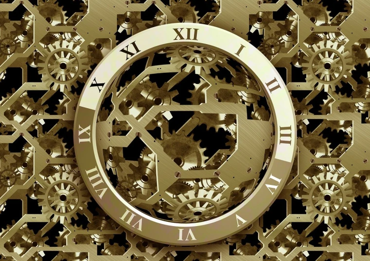 a gold clock with roman numerals on it, a digital rendering, precisionism, mandelbulber vector art, industrial background, engraved vector, machin3