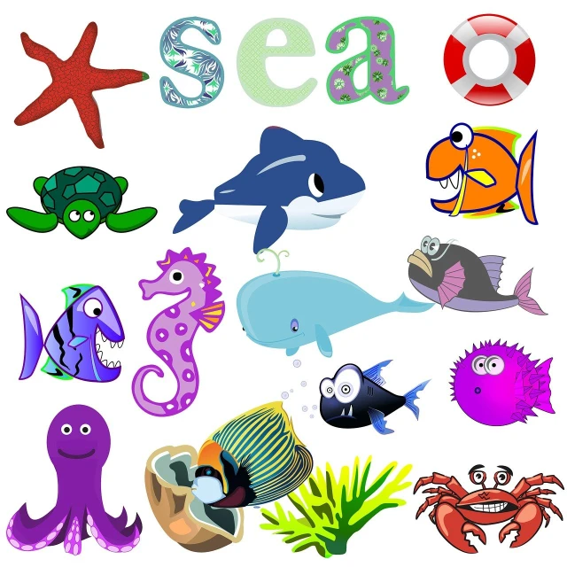 a group of cartoon sea animals on a white background, an illustration of, graffiti, encyclopedia illustration, pearl, word, beginner