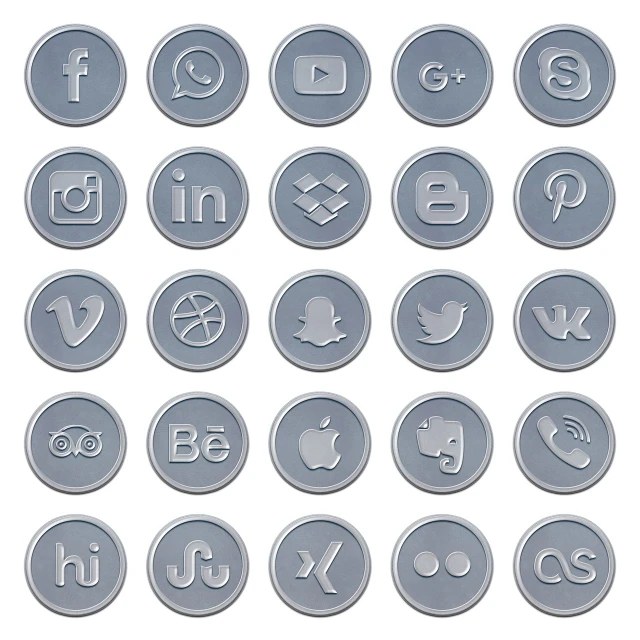 a number of different social icons on a white background, by Viktor de Jeney, shutterstock, art deco, liquid polished metal, round format, flat grey color, phone photo