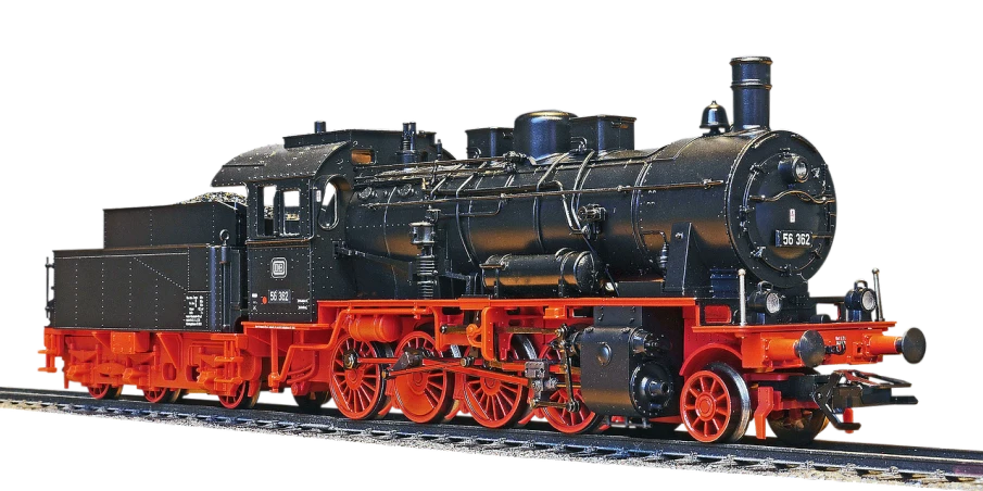 a close up of a train on a train track, a digital rendering, by Jürg Kreienbühl, pixabay, figuration libre, highly detailed model, steam engine, black and orange, side profile view