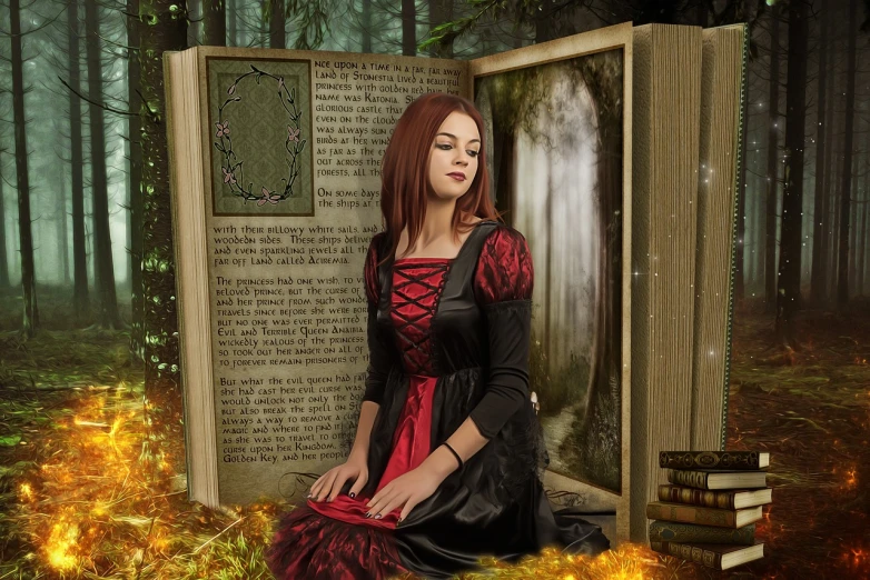 a woman sitting in front of an open book, a storybook illustration, inspired by Magali Villeneuve, fantasy art, photography of enchanted forest, black and red dress, digital art. photo realistic, high res