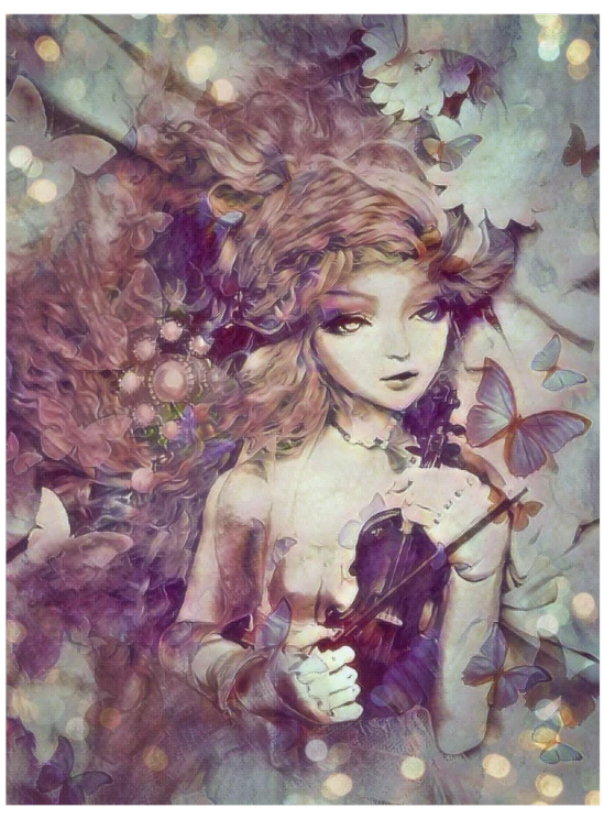 a painting of a woman with flowers in her hair, a digital painting, inspired by Anna Dittmann, pixiv contest winner, fantasy art, violin, brian froud style, vintage shoujo, stunning 3d render of a fairy