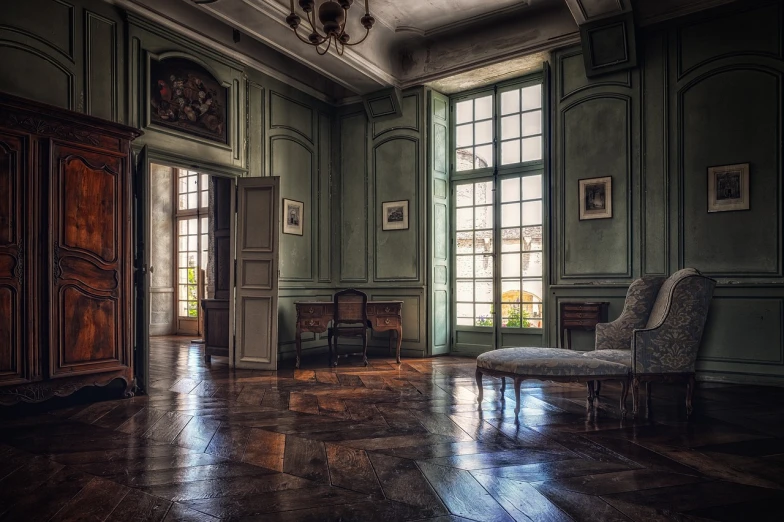 a chair that is sitting in a room, a detailed matte painting, inspired by François Barraud, flickr, chateau de cheverny, green floor, intense dramatic hdr, looking this way