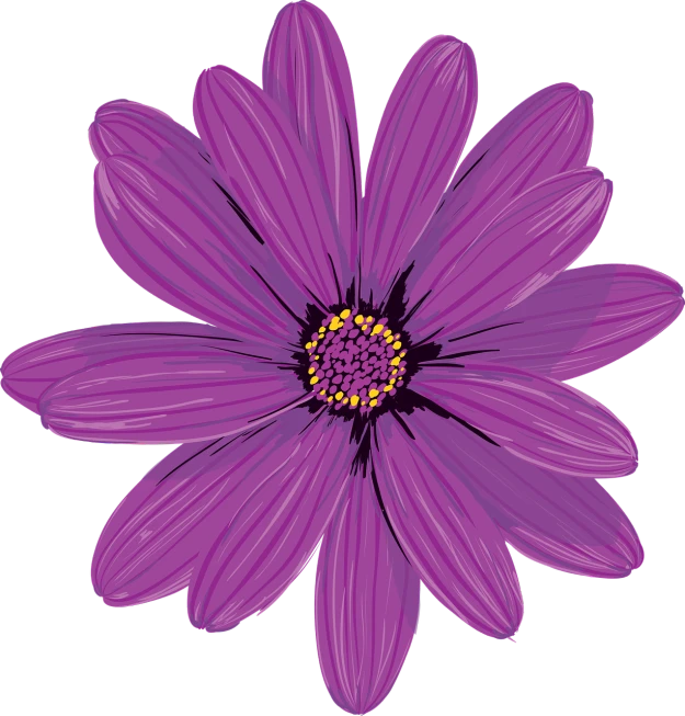 a purple flower on a black background, a digital painting, by Lisa Milroy, rasquache, harry volk clip art style, colored woodcut, daisy, on a gray background